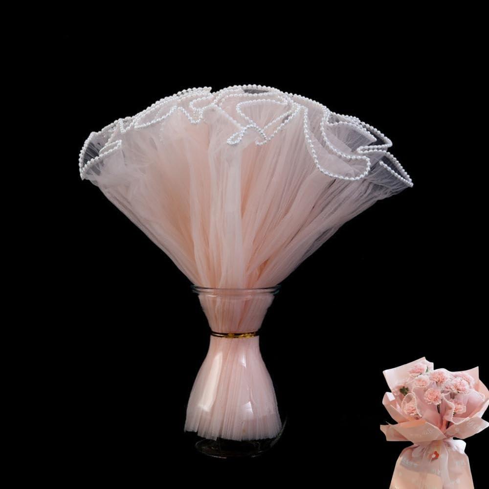 XIZHI 2 Pack 4.5 Yard Bouquet Wrapping Paper Pearl Wrinkled Wavy Net Yarn Flower Wrapping Mesh Paper Korean Bouquet Wrapping Mesh,for DIY Crafts Valentine's Day Wedding Florist Supplies (Pink)