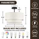 Semi Flush Mount Ceiling Light, 3 Light Linen Drum Light Fixture
