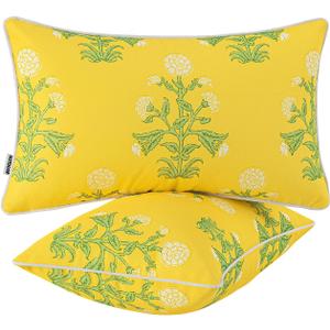 MIULEE Decorative Floral Outdoor Lumbar Pillow Covers with Inserts Set of 2 12x20,Waterproof Vintage Fade Resistant Patio Throw Pillows with Piping for Spring Summer Garden Couch Sofa,Yellow
