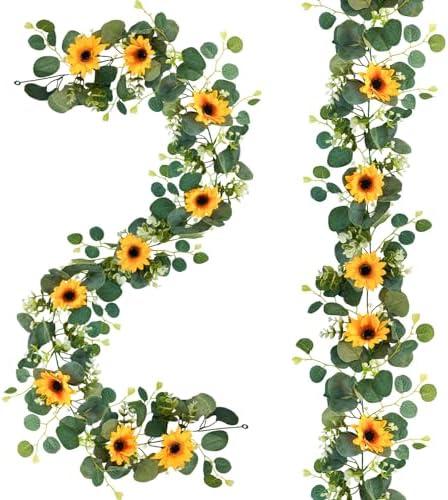 Uieke 1Pack Artificial Sunflower Garland, 6ft/Strand Silk Sunflowers Hanging Vines Flowers Garland with Green Leaves for Room Kitchen Garden Birthday Wedding Baby Shower Party Table Decor