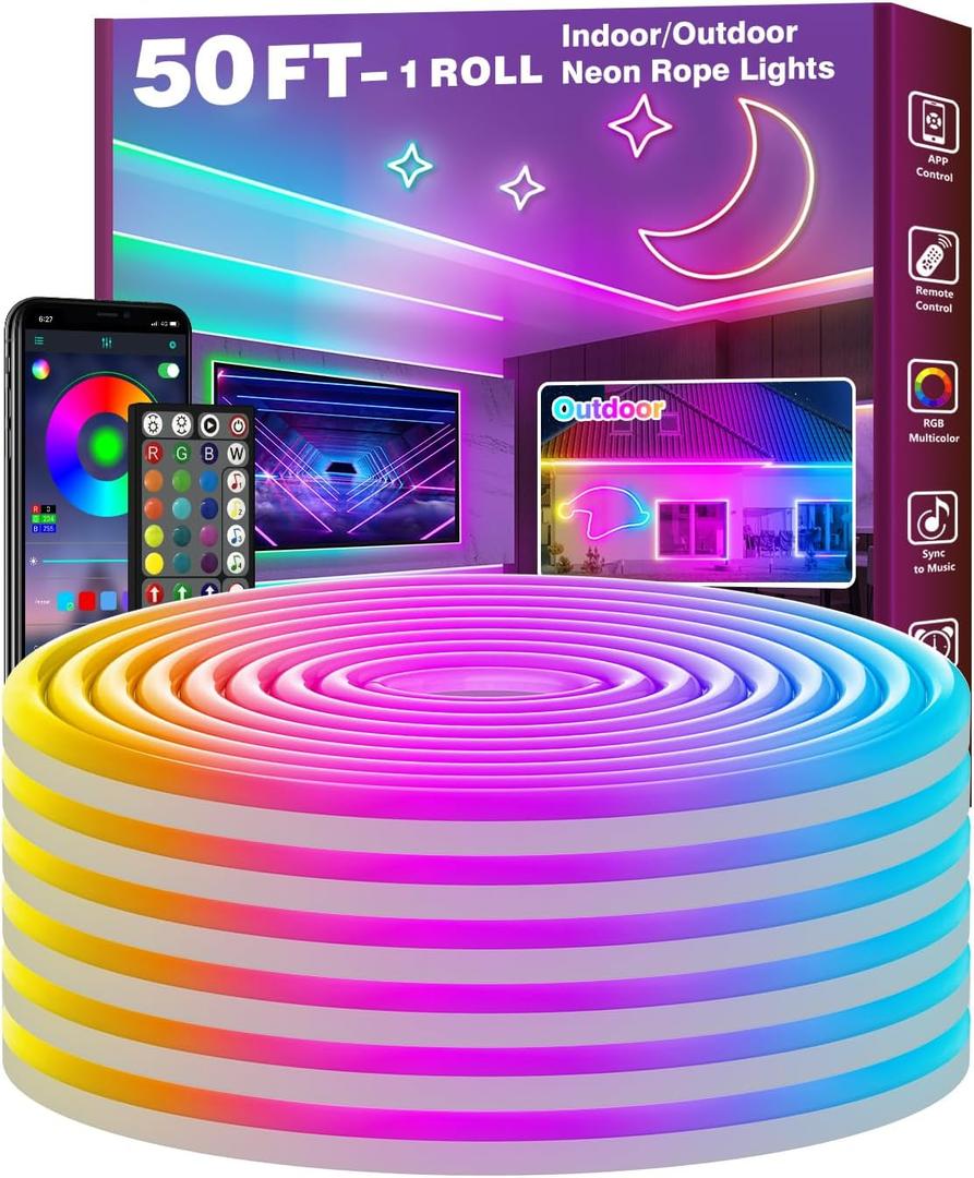 FBZ 50Ft Led Rope Lights, Flexible Neon Lights Control with App/Remote, Multiple Modes, IP65 Outdoor RGB Waterproof, Music Sync Gaming Light Strip for Bedroom Decor