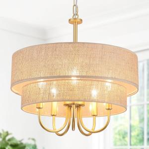 18'' Drum Chandelier for Dining Room Light Fixture 5-Light Modern Farmhouse Chandelier with Beige Linen Fabric Lampshade 2-Layer Large Drum Pendant Light Fixture for Kitchen Living Room Bedroom Gold