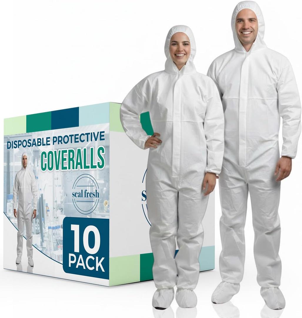 Hazmat Suit  10 Disposable Protective Coverall with Hood, Full Body Breathable Waterproof Safety Painting Cleaning (Large)