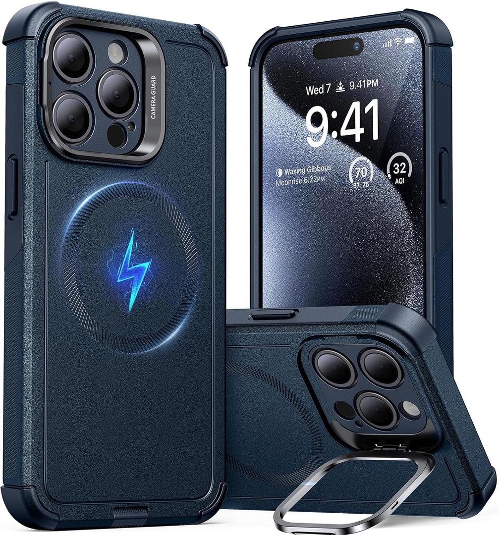 ESR for iPhone 15 Pro Case with Stand, 23 ft Military-Grade Drop Protection, Heavy Duty Magnetic Phone Case, Compatible with MagSafe Accessories, Cyber Series, Blue