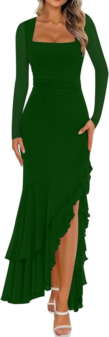 BORIFLORS Women's Bodycon Ruched Mesh Long Sleeve Maxi Dress Mermaid Ruffle Formal Cocktail Party Long Dresses (Medium, Dark Green)