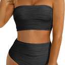 High Waisted Bandeau Bikini Set - Women Strapless Two Piece Swimsuits Ribbed Longline Full Coverage Bathing Suits Swimwear (Small, Black)