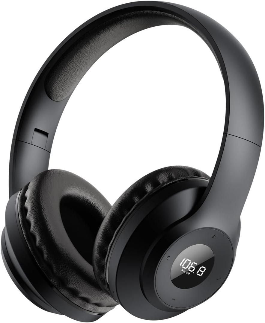 X5 Rechargeable & Portable FM Radio Headphones with Best Reception, LED Display, Soft Ear Muffs, FM Headset Radio Receiver for Meeting, Works, Hiking, Jogging (Black)