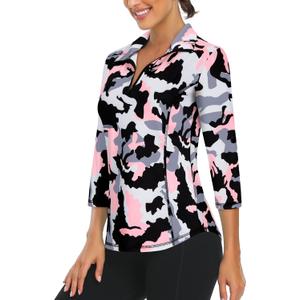 LURANEE Womens 3/4 Roll Sleeve 1/4 Zip Pullover Golf Shirts Athletic Hiking Running Workout Tops UPF 50+ (Large, Light Pink Camouflage)