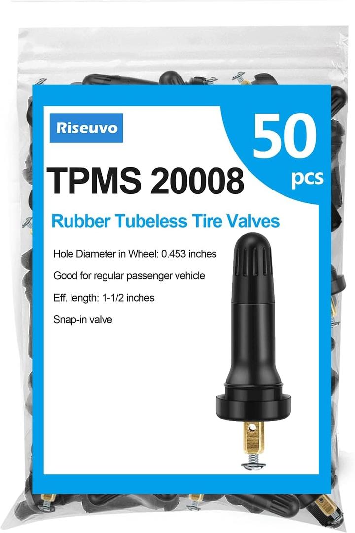 Riseuvo 50 Pcs TPMS 20008 Rubber Valve Stems - Snap-in Replacement for TPMS Sensors, Fits 0.453" Rim Hole for Cars, Trucks, SUVs