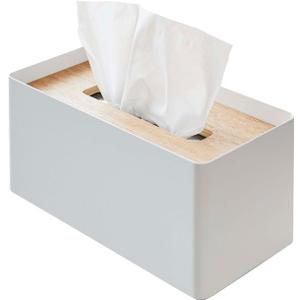 Yamazaki Home Rin Reusable Tissue Box Cover Metal Holder Container Case with Natural Wooden Lid - Steel (One Size, Ash)