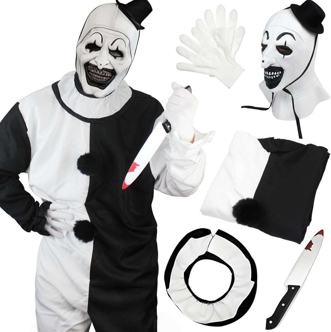 Halloween Clown Costume Black and White Clown Jumpsuit Outfit With Mask Accessories Set (140, Full-face)