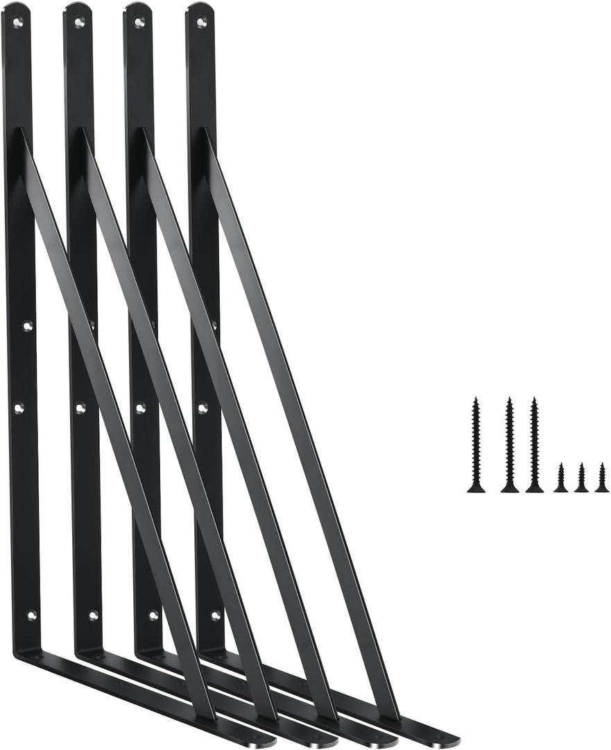 4 Pack L16 x H 10" Black Heavy Duty Shelf Brackets with Screws Metal Shelf Brackets Shelf Support Angle Brackets for Shelves L Brackets Heavy Duty Floating Shelf