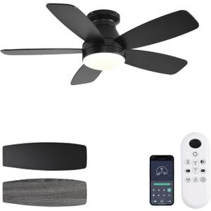 JSAITEE Ceiling Fans with Lights, 42 Inch Low Profile Ceiling Fan with Light and Remote/App Control, Flush Mount, Reversible, 3CCT, Dimmable, Noiseless, Black Ceiling Fan for Indoor/Outdoor Use