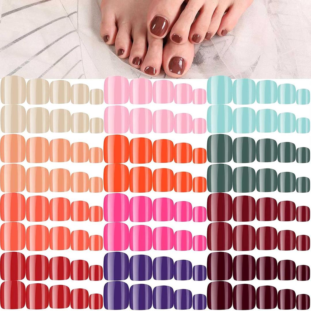 Maitys 288 Pcs 12 Sets Short Press on Toenails for Women, Square Glossy Fake Toe Nails, Solid Full Cover Colorful Artificial French Tips for DIY Manicure Nail Art(Delicate-color Pattern)