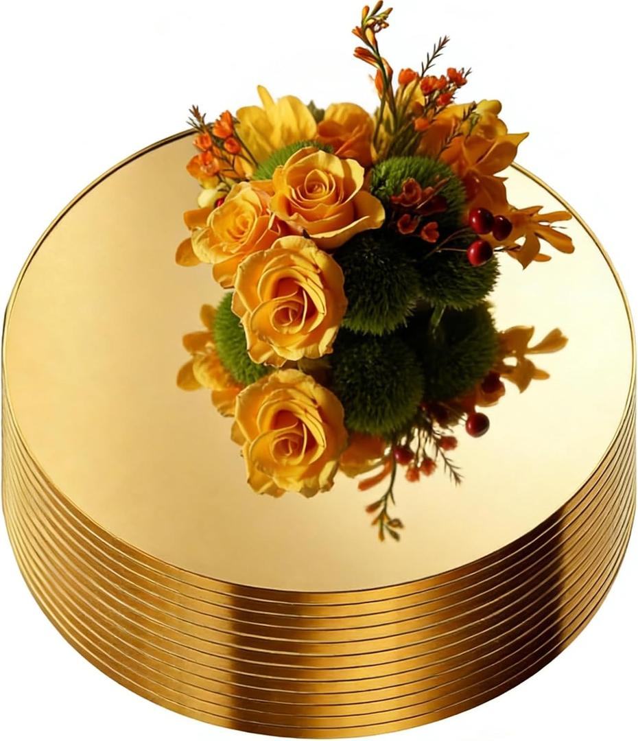 12 Pcs 10 Inch Mirror Centerpieces for Tables Candle Plates Wall Wedding Table Baby Shower Party, Thickness 1.5 mm (Gold)