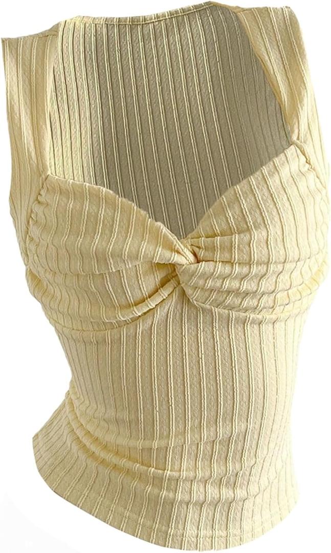 Women's Floral Textured Tank Tops Y2K Twist Mesh Sheer Sleeveless Fitted Going Out Tops (Yellow, L)