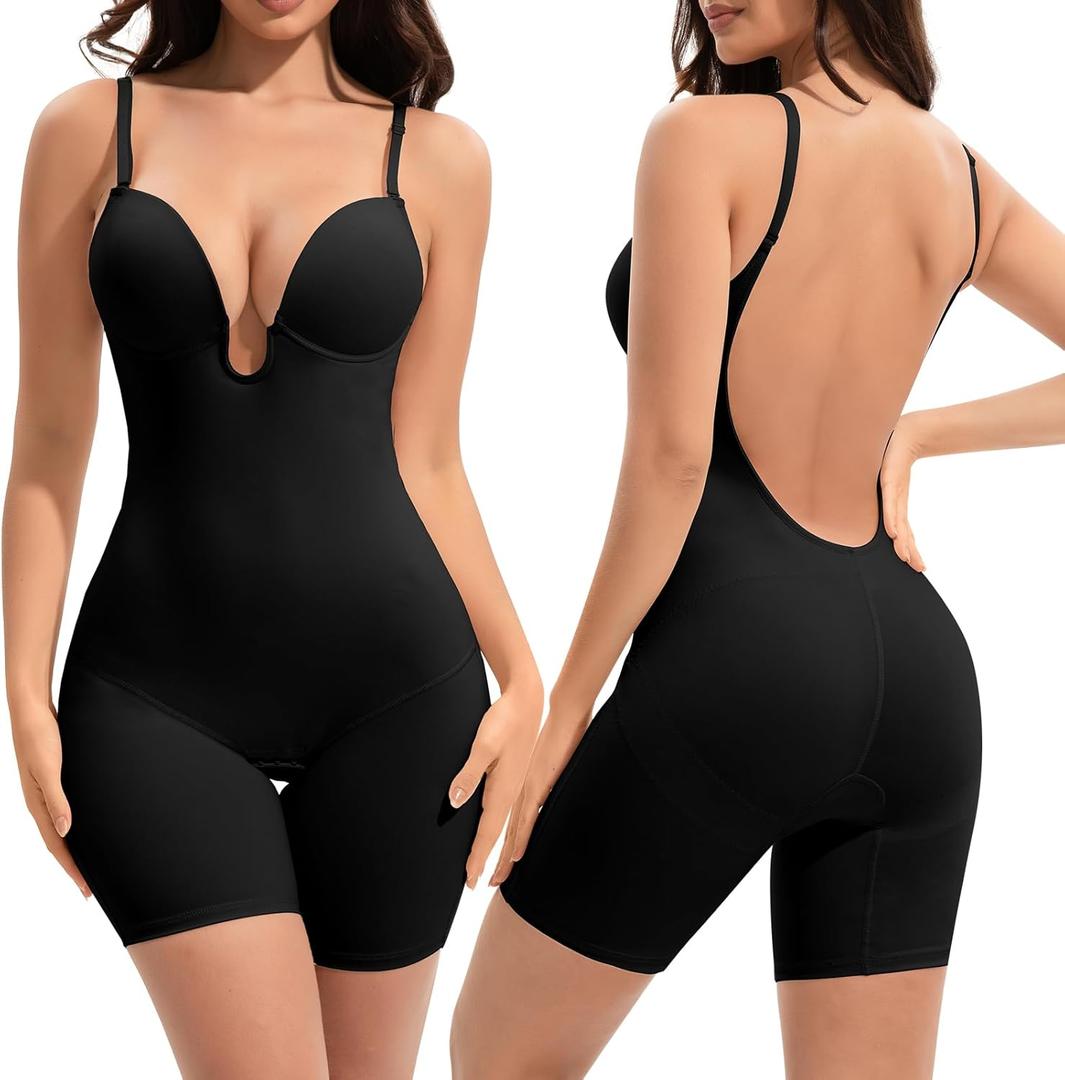 Slimers Backless Shapewear Tummy Control: Low Back Plunge Shapewear Bodysuit - Slimming Built-In Bra Full Body shaper Woman (Large, Black)