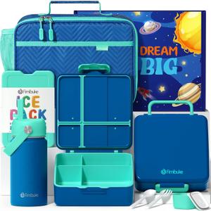 Fimibuke Kids Bento Lunch Box with 4 Compartments, Insulated lunch Bag, Stainless Steel Insulated Water Bottle, Ice Pack & Utensils Set, Birthday Gifts for Ages 3-12 Back to School Toddler Girls Boys (A8. Nautica Blue)