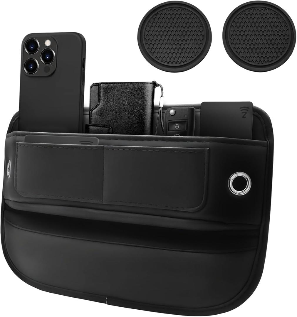 Premium Leather Car Seat Gap Filler Organizer Universal Center Console Organizer with Card Slots for Suv Truck (Black, 2 Pack) Car Seat Storage Box for Phone,Keys,Glasses,Card Car Interior Accessories
