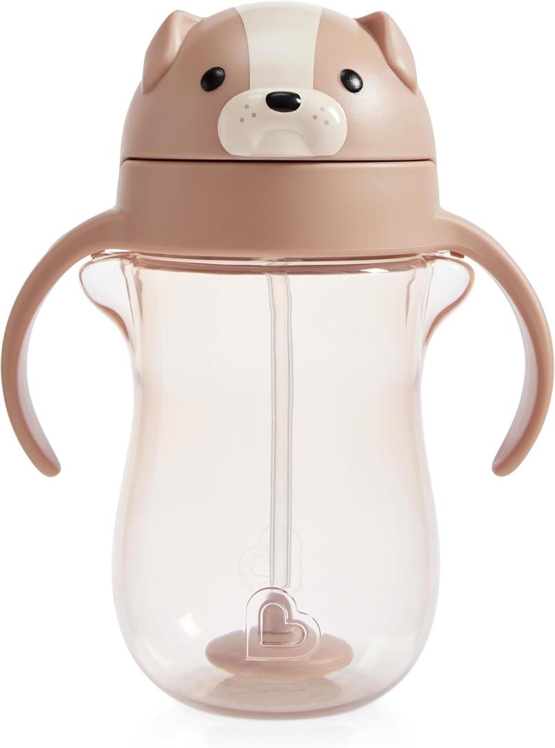 Munchkin Any Angle Spill Proof Weighted Straw Trainer Cup, Transition Sippy Cups for Toddlers and Babies, Click Lock Technology & Fun Dog Design, 10 Ounce, Brown