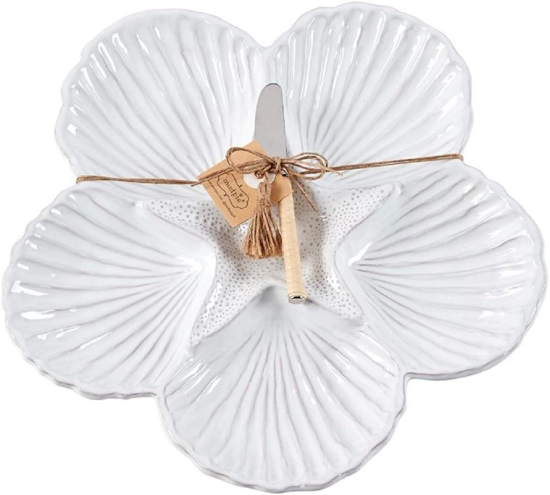 Mud Pie Shell Sectional Platter, 2 Piece Set, White, platter 12" dia | spreader 5 1/2", Seashell