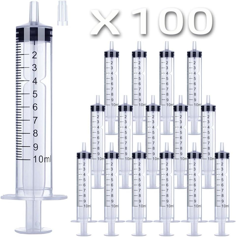 100 Packs 10ml Plastic Syringe, Luer Slip Tip with Cover Cap, Syringes for Liquid Jello Shots, Measuring, Watering, Refilling, Feeding