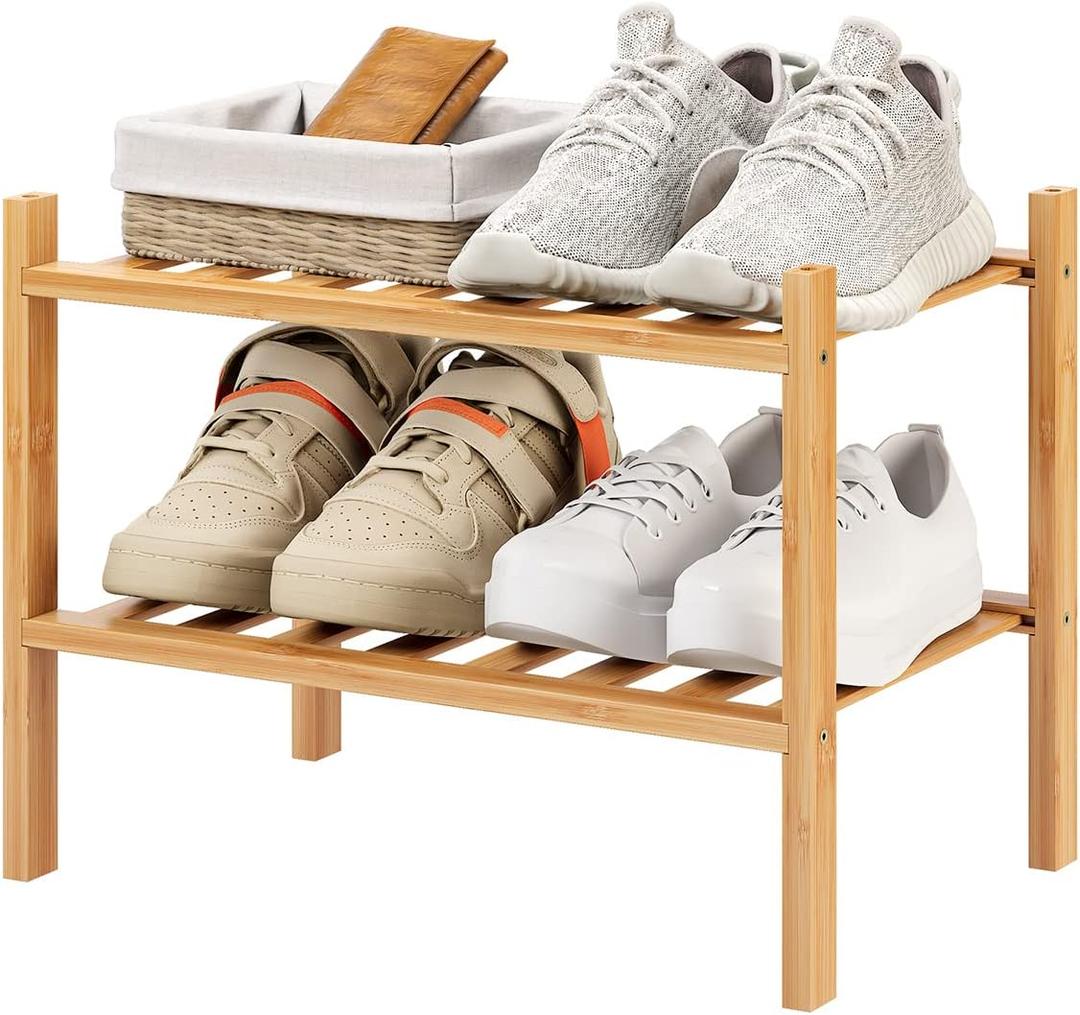 Small Shoe Rack, 2-Tier Bamboo Stackable Shoe Shelf Storage Organizer, Shoe Stand for Closet, Entryway and Hallway (Natural)