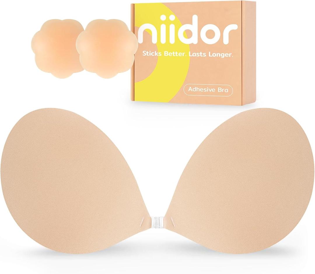 Niidor Adhesive Bra Strapless Ultra Sticky Invisible Push up Silicone Bra Multiple Colors Sizes Reusable for Backless Dress (Nude)