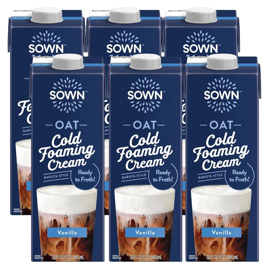 SOWN Oat Cold Foam Creamer, Vanilla - Barista Style Oat Milk Non Dairy Coffee Creamer - Ready to Froth - Plant Based, Dairy-Free, Vegan, Gluten Free, Non-GMO, Shelf Stable - 32oz (Pack of 6) (BB: 12/24/2025)