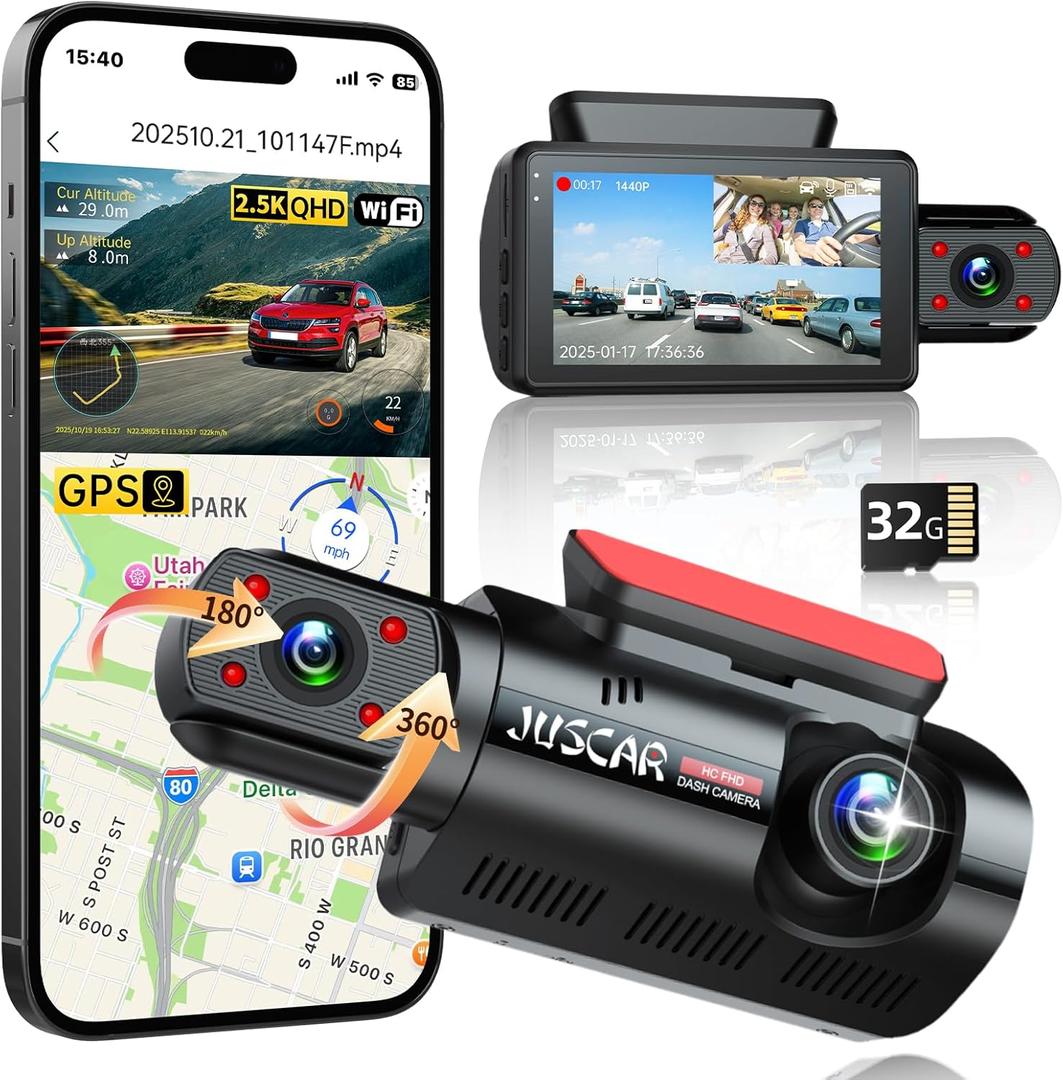 2.5K+1080P Dual Dash Cam Front and Inside, WiFi & GPS Dash Camera for Cars with 32G Card, IR Night Vision, 3" IPS Screen, Inside Car Camera for Taxi Driver, Support 256GB Max, App Control