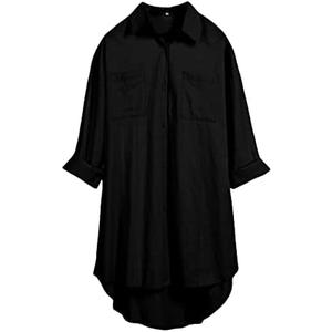 Bianstore Women's Oversized Linen Shirts Blouses Tops Long Sleeve High Low Button Up Shirts S