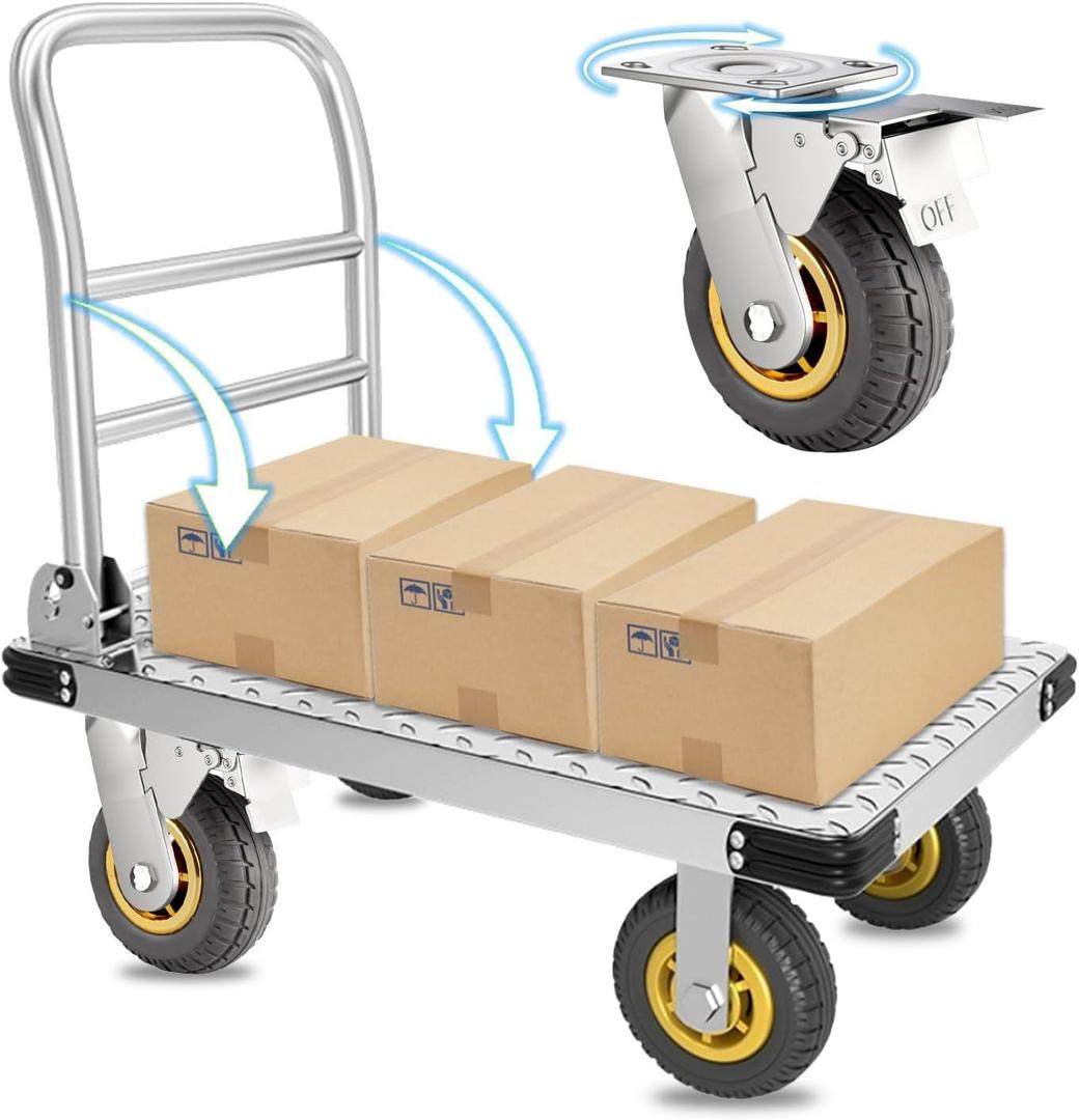Foldable Platform Truck Push Dolly Heavy Duty 2000 lb. Weight Capacity with Brake and 6" 360 Degree Swivel Wheels