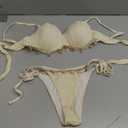 MakeMeChic Women's Bikini Set Textured Scallop Trim Shell Tie Back Bathing Suits (Beige)