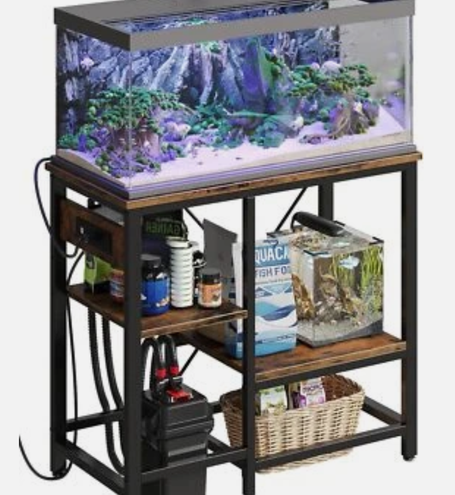 Bestier 20-29-37 Gallon Fish Tank Stand with Power Outlet, 30x13 Metal Aquarium Stand with Filter Storage, 6-Leg Reptile Tank Stand with 3-Tier Adjustable Storage Shelves, 400LBS Capacity, Black Oak