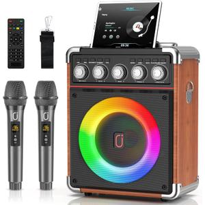 Karaoke Machine for Adults Kids, Bluetooth Speaker with 2 Karaoke Microphones, Bass/Treble Adjustment, Portable PA System with Remote Control/LED Lights for Home Party, Support USB/AUX/REC/TWS (30watt-Wood)