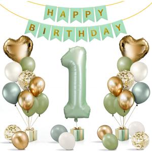 1st Birthday Decorations Girl, First Birthday Decorations for Girl with Happy Birthday Banner, 40inch 1 Balloon Number, Sage Green Balloons, Baby One Year Old Birthday Party Decor