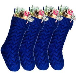 Kunyida Christmas Stockings, 18 Inch Blue Cable Knitted Stockings for Xmas Holiday Decoration, 4 Pack