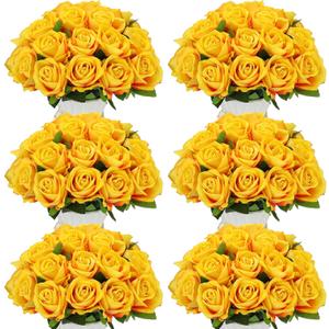 Jexine 50 Pcs Artificial Rose Flower Bulk Realistic Silk Fake Roses with Long Stem Plastic Artificial Flower Bouquet Real Looking for Home Wedding Centerpieces Party Decoration(Yellow)