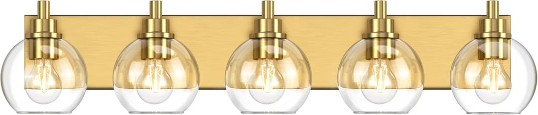 IZORRO Bathroom Light Fixtures, 5-Light Brushed Gold Vanity Light, Modern Wall Sconces with Globe Clear Glass Shade, Vanity Lighting Fixtures Over Mirror,E26 Bulb Socket