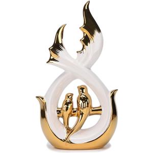Modern Abstract Art Ceramic Statue with Bird Figurine White & Gold Decor for Living Room Dining Room Bookshelf Coffee Table Entrance Shop Office 11.8''(H) TQGJNY6