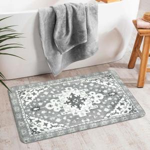 Uphome Boho Retro Bathroom Rug Gray Non-Slip Soft Bath Rug Machine Washable Oriental Bathroom Mat Traditional Farmhouse Floral Floor Mats for Bathtub Shower Toilet, 20x31 inch (Grey)