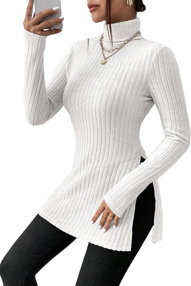 SOLY HUX Women's Long Sleeve Tops Casual Basic Turtle Neck Split Hem T-Shirts Fitted Tees (White, M)