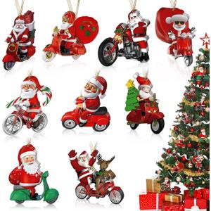 27 Pcs Biker Santa Claus Christmas Ornaments Decorations Santa on Motorcycle Ornament Motorcycle Christmas Tree Wooden Hanging with Rope Creative Gifts for Xmas Tree Family