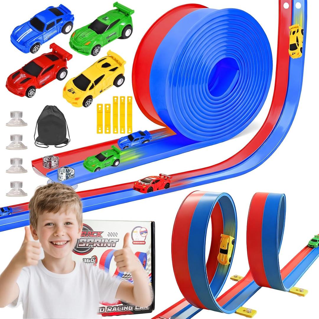 20ft Flexible Race Track for Kids with 4 Pull-Back Cars & Portable Storage Bag,4pcs Strong Suction Cups,5pcs Track Stabilizers,for 1/64 Cars,Roll Up Slot Car Race Track with Loops