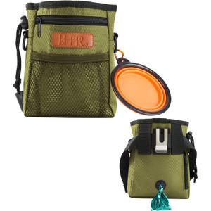 Dog Treat Training Pouch Easily Carries Pet Toys Kibble, Treats Built-in Poop Bag Dispenser 3 Ways to Wear Comes with a Foldable Silicone Bowl(Army Green)
