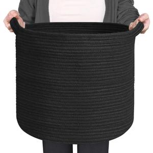 Large Black Storage Basket, 16" x 14" Cotton Rope Baskets for Storage, Blanket Storage Living Room, Big Woven Laundry Basket, Dog Kids Toy Box Organizer, Round Floor Shoe Towel Bin