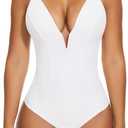 SHAPERIN Women's Deep V Neck Bodysuit Double Lined Plunge Tummy Control Shapewear Thong Body Suits Backless Cami Tank (White) Small