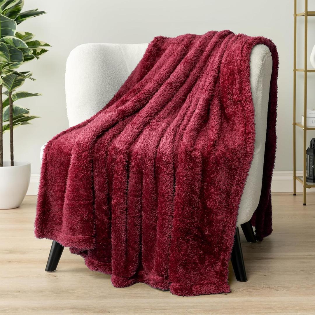 PAVILIA Sherpa Throw Blanket for Couch Sofa, Wine Red Fluffy Warm Plush Blanket for Bed, Cozy Super Soft Lightweight Throw, Fuzzy Decorative Blanket, All Season Home, 50x60