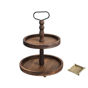 Farmhouse Wooden Decorative Two Tiered Trays+ Pu Leather Tray,Wood 2 Tier Serving Tray Stand for Rustic Table Centerpiece,Kitchen Decor,Coffee Bar, or Cupcake Stand (Brown)