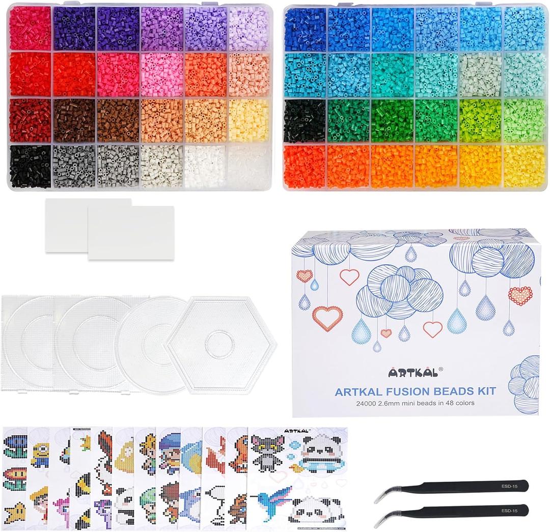 Artkal Mini Fuse Beads Kit 48 Colors 24000 Melty Beads 2.6mm Iron Beads Kit with 4 Pegboards 2 Tweezers 48 Patterns 2 Large Ironing Paper, for Birthday Christmas Holiday Gift